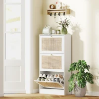 HOMCOM Rattan Shoe Storage Cabinet with 3 Flip Drawers and Adjustable Shelves, Entryway Shoe Cabinet for 18 Pairs, White(m-9)