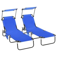 Outsunny 2 Piece Folding Outdoor Chaise Lounges, Pool, Sun, Tanning Chairs with Reclining Back, Sunshade for Beach, Patio, Blue(m-11)
