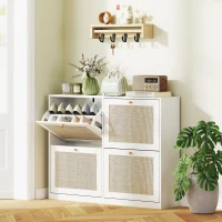 HOMCOM Narrow Shoe Storage Cabinet, Rattan Shoe Cabinet with 4 Flip Drawers and Adjustable Shelves for 20 Pairs, White(m-1)