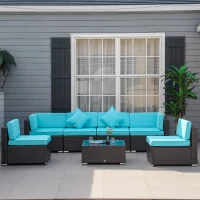 Outsunny 7-Piece Patio Furniture Set, Outdoor Wicker Conversation Set, All Weather PE Rattan Sectional Sofa Set with Cushions and Tempered Glass Top Coffee Table, Pillows, Turquoise(m-10)