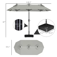 Outsunny Double-sided Outdoor Patio Umbrella with Solar Lights and Base, Dining Table Umbrella Push Button Tilt, Gray(m-3)