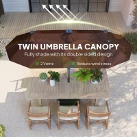 Outsunny Double-sided Outdoor Patio Umbrella with Solar Lights and Base, Dining Table Umbrella Push Button Tilt, Coffee(m-7)