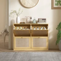 HOMCOM Narrow Shoe Storage Cabinet, Rattan Shoe Cabinet with 4 Flip Drawers and Adjustable Shelves for 20 Pairs, Oak(m-7)