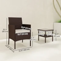 Outsunny Wicker Bistro Set, 3 Piece Patio Furniture Set with 2-Tier Glass Top Table, Cushions for Balcony, Porch, Beige(m-3)