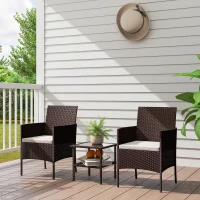 Outsunny Wicker Bistro Set, 3 Piece Patio Furniture Set with 2-Tier Glass Top Table, Cushions for Balcony, Porch, Beige(m-10)