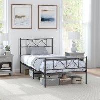 HOMCOM Metal Twin Platform Bed Frame with Headboard, Steel Slat Support, Underbed Storage, No Box Spring Needed, Easy Assembly