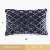 Oblong Decor Pillow with Hand-Beaded Velvet Cover, Removable Goose Feather Insert, Ideal for Bedroom, Living Room, 22" L x 15" W x 5" H, Navy(m-3)