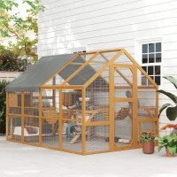 PawHut Wooden Catio Outdoor Cat Enclosure, Large Cat House with Waterproof Cover, 2 Condos, 6 Platforms, Bridge, Doors, Yellow(m-10)