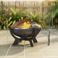 Outsunny Outdoor Round Fire Pit with Lid, Wood Burning Firepit for Outside with Fire Poker, Portable Fireplace for Bonfire, Black(m-3)