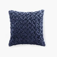 Velvet Ruched Square Decor Pillow with Removable Goose Feather Insert, Luxury Metal Zipper, Ideal for Sofa, Bed, 20" L x 20" W x 5" H, Navy(m-2)