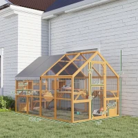 PawHut Wooden Catio Outdoor Cat Enclosure, Large Cat House with Waterproof Cover, 2 Condos, 6 Platforms, Bridge, Doors, Yellow(m-3)