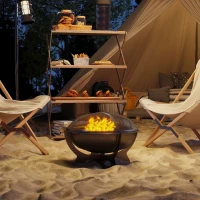 Outsunny Outdoor Round Fire Pit with Lid, Wood Burning Firepit for Outside with Fire Poker, Portable Fireplace for Bonfire, Black(m-8)