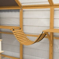 PawHut Wooden Catio Outdoor Cat Enclosure, Large Cat House with Waterproof Cover, 2 Condos, 6 Platforms, Bridge, Doors, Yellow(m-9)