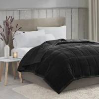 Reversible Down Alternative Blanket with Plush to Microfiber, Smart Temperature Control, Machine Washable, 90" L x 90" W x 0.25" H, Black(m-1)