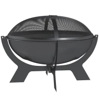 Outsunny Outdoor Round Fire Pit with Lid, Wood Burning Firepit for Outside with Fire Poker, Portable Fireplace for Bonfire, Black(m-2)
