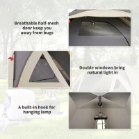 Outsunny 3 Person Camping Tent, Waterproof Family Dome Tent with Bedroom, Porch, Sewn-in Groundsheet and Hook, Khaki(m-7)
