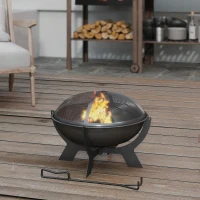 Outsunny Outdoor Round Fire Pit with Lid, Wood Burning Firepit for Outside with Fire Poker, Portable Fireplace for Bonfire, Black(m-7)