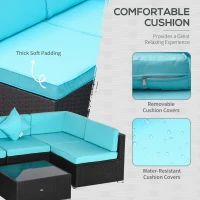 Outsunny 7 Pieces Patio Sofa Outdoor Wicker Sectional Patio Furniture, Deep Coffee & Light Blue(m-5)