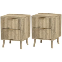 HOMCOM Night Stands Set of 2, Nightstands with Finger Pulls and Fluted Drawers, Bedside Tables with Round Edges, Oak(m-2)