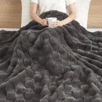 Luxurious Faux Fur Throw Blanket with Crystal Velvet Reverse, Basketweave Texture, Perfect for Any Decor, 60" L x 50" W x 0.25" H, Gray(m-5)
