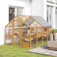 PawHut Wooden Catio Outdoor Cat Enclosure, Large Cat House with Waterproof Cover, 2 Condos, 6 Platforms, Bridge, Doors, Yellow(m-2)