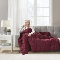 Wearable Multipurpose Throw with Goose Feather, Down Filling, Water-Repellent Microfiber, Machine Washable, 68" L x 62" W x 0.25" H, Red(m-1)