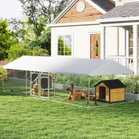 PawHut Two Room Outdoor Dog Kennel, Dog Run with Roof, Waterproof UV-Resistant Cover, Secure Lock, 19.7' x 7.5' x 5.2'(m-10)