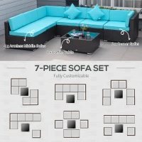 Outsunny 7 Pieces Patio Sofa Outdoor Wicker Sectional Patio Furniture, Deep Coffee & Light Blue(m-6)