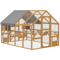 PawHut Wooden Catio Outdoor Cat Enclosure, Large Cat House with Waterproof Cover, 2 Condos, 6 Platforms, Bridge, Doors, Yellow(m-12)