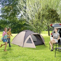 Outsunny 3 Person Camping Tent, Waterproof Family Dome Tent with Bedroom, Porch, Sewn-in Groundsheet and Hook, Khaki(m-8)