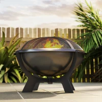 Outsunny Outdoor Round Fire Pit with Lid, Wood Burning Firepit for Outside with Fire Poker, Portable Fireplace for Bonfire, Black(m-6)