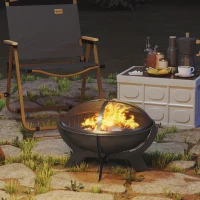 Outsunny Outdoor Round Fire Pit with Lid, Wood Burning Firepit for Outside with Fire Poker, Portable Fireplace for Bonfire, Black(m-10)