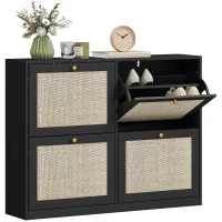 HOMCOM Narrow Shoe Storage Cabinet, Rattan Shoe Cabinet with 4 Flip Drawers and Adjustable Shelves for 20 Pairs, Black(m-10)