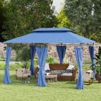 Outsunny 10' x 13' Double Roof Patio Gazebo, Outdoor Gazebo with Curtains, for Garden, Lawn, Backyard and Deck, Dark Blue(m-10)