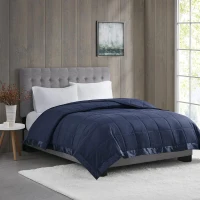 Twin Size Lightweight Down Alternative Blanket with Satin Trim, Hypoallergenic Polyester, Machine Washable, 90" L x 68" W x 0.25" H, Navy(m-4)