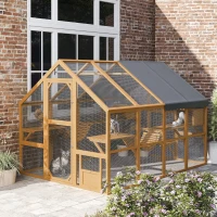 PawHut Wooden Catio Outdoor Cat Enclosure, Large Cat House with Waterproof Cover, 2 Condos, 6 Platforms, Bridge, Doors, Yellow(m-8)