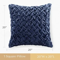 Velvet Ruched Square Decor Pillow with Removable Goose Feather Insert, Luxury Metal Zipper, Ideal for Sofa, Bed, 20" L x 20" W x 5" H, Navy(m-3)
