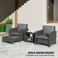 Outsunny 5 Piece Rattan Balcony Furniture Set, Wicker Outdoor Furniture Set with 2-Tier Coffee Table, Ottomans, Grey(m-4)