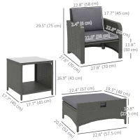 Outsunny 5 Piece Rattan Balcony Furniture Set, Wicker Outdoor Furniture Set with 2-Tier Coffee Table, Ottomans, Grey(m-3)