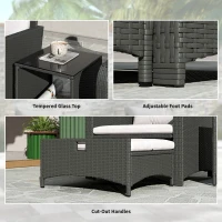 Outsunny 5 Piece Rattan Balcony Furniture Set, Wicker Outdoor Furniture Set with 2-Tier Coffee Table, Ottomans, Grey, Cream White(m-8)