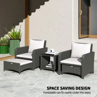 Outsunny 5 Piece Rattan Balcony Furniture Set, Wicker Outdoor Furniture Set with 2-Tier Coffee Table, Ottomans, Grey, Cream White(m-4)