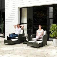 Outsunny 5 Piece Rattan Balcony Furniture Set, Wicker Outdoor Furniture Set with 2-Tier Coffee Table, Ottomans, Grey, Cream White(m-10)