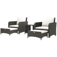 Outsunny 5 Piece Rattan Balcony Furniture Set, Wicker Outdoor Furniture Set with 2-Tier Coffee Table, Ottomans, Grey, Cream White(m-2)
