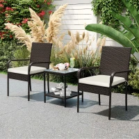 Outsunny 3 Piece Wicker Patio Furniture Set with Stackable Chairs, Washable Cushion, Tempered Glass Top, for Backyard, Brown(m-8)