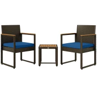 Outsunny 3 Pieces Wicker Patio Furniture Set, Rattan Bistro Set w/ Acacia Wood Table & Removable Cushions, Dark Blue(m-11)