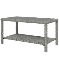 Outsunny 35" Outdoor Wicker Coffee Table with Glass Top, Storage Shelf for Garden Porch Balcony Deck, Dark Grey(m-2)