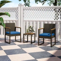 Outsunny 3 Pieces Wicker Patio Furniture Set, Rattan Bistro Set w/ Acacia Wood Table & Removable Cushions, Dark Blue(m-9)