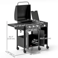 Outsunny 3 Burner Gas Grill with Side Burner, 9.5 KW Propane BBQ Grill, Cabinet Style with Shelves, Wheels, Instant Ignition(m-3)