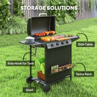 Outsunny 4+1 Burner Propane Gas BBQ Grill, Portable Gas Barbecue Grill with Side Burner, Thermometer, Lid, Side Table, Shelf, Spice Rack, Wheels, Grease Cup for Garden, Black(m-6)