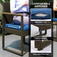 Outsunny 3 Pieces Wicker Patio Furniture Set, Rattan Bistro Set w/ Acacia Wood Table & Removable Cushions, Dark Blue(m-7)